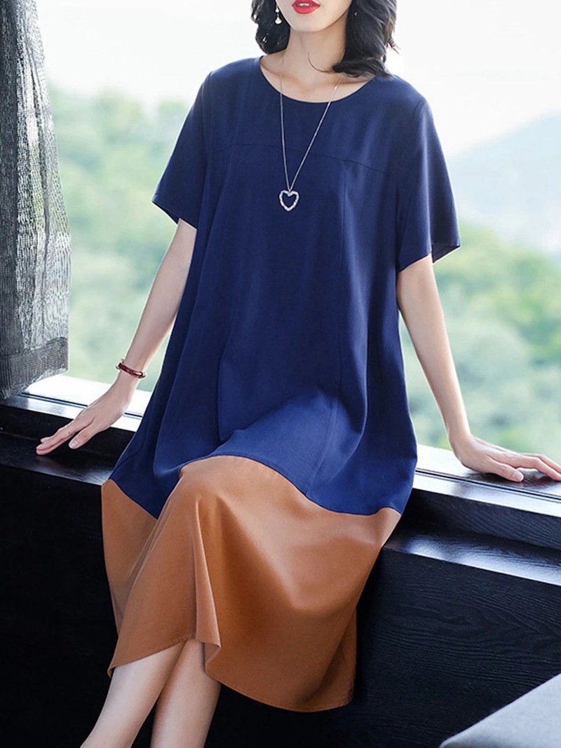 blue round neck contrast dress